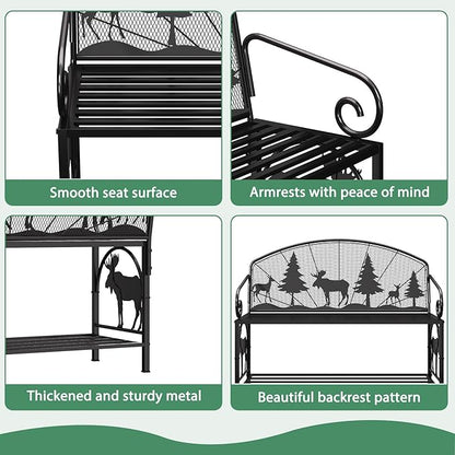 HavenlyYouth Outdoor Bench, Garden Bench with Backrest and Armrests, Patio Bench with Forest Series Pattern, Anti- Rust Thickened Metal Bench Outdoor for Garden, Yard, Patio, Porch, Lawn and Park