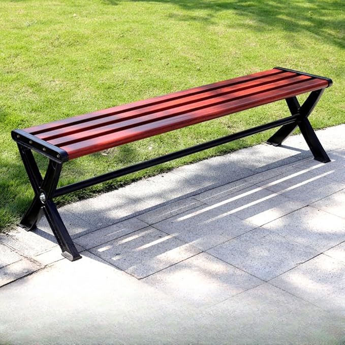 LITFAD Outdoor Bench Modern Park Bench with Corrosion Resistant Metal Frame, Red Brown Wooden Seating Without Backrest, Garden Bench for Patio, Lawn, Yard, Porch - Type C, 47" L x 15.5" W x 16" H