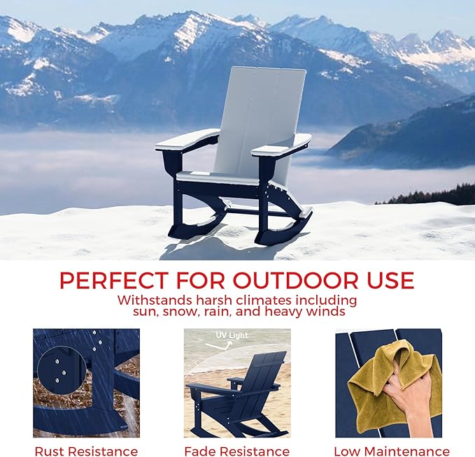 Costaelm Outdoor Adirondack Chair, All Weather Resistant Lawn Chairs Balcony Chair and Fire Pit Chairs, Patio Chair Outdoor Porch Rocking Chair High Back HDPE Poly Lumber, Navy Blue
