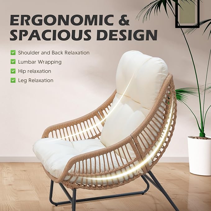Outdoor Wicker Papasan Egg Chair with Ottoman, Patio Basket Lounge Chair Indoor Egg-Shaped Rattan Reading Lounger with Thick Cushion and Table for Living Room Bedroom Balcony Porch, Beige