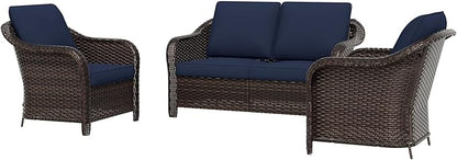 3 Piece Patio Wicker Conversation Set, All-Weather Use Outdoor Wicker Loveseat with 2 PE Rattan Chair, Ideal for Porch, Backyard, Balcony, Poolside, Blue