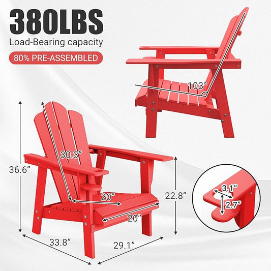 PROHIKER Adirondack Chair Set of 2, HDPE Outdoor Patio Chair with Cup Holder All Weather Outdoor Chairs for Lawn Garden Porch Backyard, Plastic, Red
