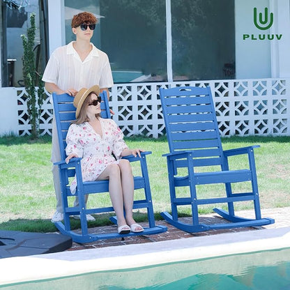 PLUUV Outdoor Rocking Chair Set of 2 with Removable Footboard for Adults, HDPE High Back Patio Rocking Chairs, 330lbs All Weather Porch Rocking Chairs for Outdoor & Indoor -Navy Blue