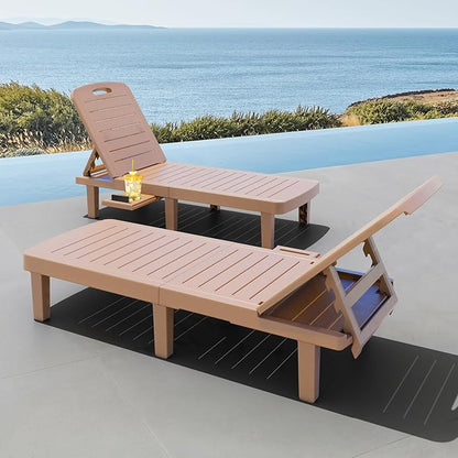 CDCASA Outdoor Chaise Lounge Set of 2, Pool Lounge Chairs w/5 Adjustable Positions & Side Tray, Waterproof Resin Lounges for Poolside,Yard,Garden,Sunbathing, for All Weather, Brown