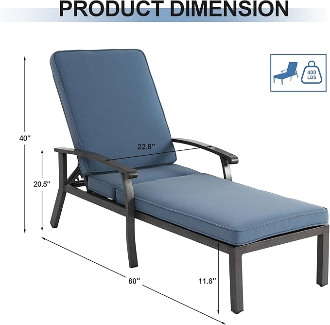 Chaise Lounge Chair Outdoor with Wheels, Cast Aluminum Tanning Chair with Navy/Blue Cushion - Photo 2
