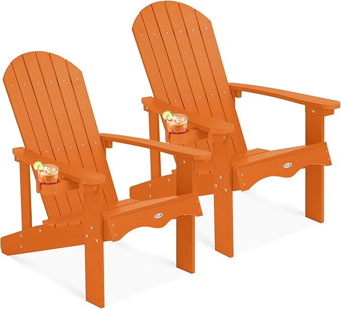 Y&M Adirondack Chair Set of 2, Orange Fire Pit Chairs, Outdoor Patio Chairs with Cup Holder, Weather Resistant HDPE Wooden Textured Patio Chairs, Perfect for Garden, Lawn, Deck, or Poolside