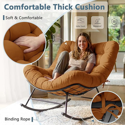 Outdoor Rocking Chairs Set of 2 with Wicker Side Table, Thick Cushioned Papasan Rocking Chairs with End Table, 3PCS Oversized Egg Chair Set for Patio, Porch, Balcony, Bedroom, Living Room, Brown