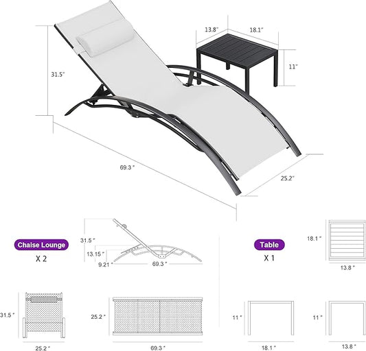 PURPLE LEAF Patio Chaise Lounge Set of 3 Outdoor Lounge Chair Beach Pool Sunbathing Lawn Lounger Recliner Outside Tanning Chairs with Arm for All Weather, Side Table Included, White