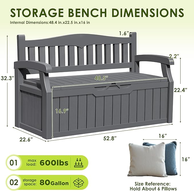 Greesum 80 Gallon Outdoor Storage Bench, Resin Patio Furniture with Armrest, Waterproof and UV-Resistant - Photo 3