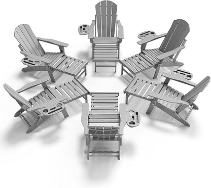 Adjustable Adirondack Chair with Retractable Ottoman Set of 6, HDPE Folding Adirondack Chair with Cup Holder, All Weather Fire Pit Chair for Outdoor.
