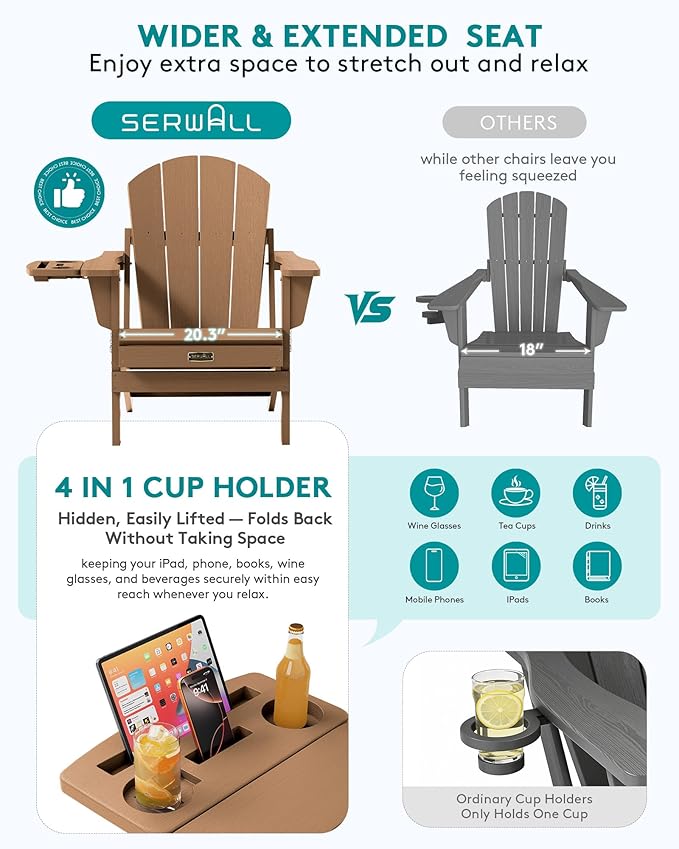 SERWALL Folding Adirondack Chair Set of 2, Outdoor Chairs with 4 in 1 Cup Holder, Wood Texture Adirondack Chairs - Photo 6