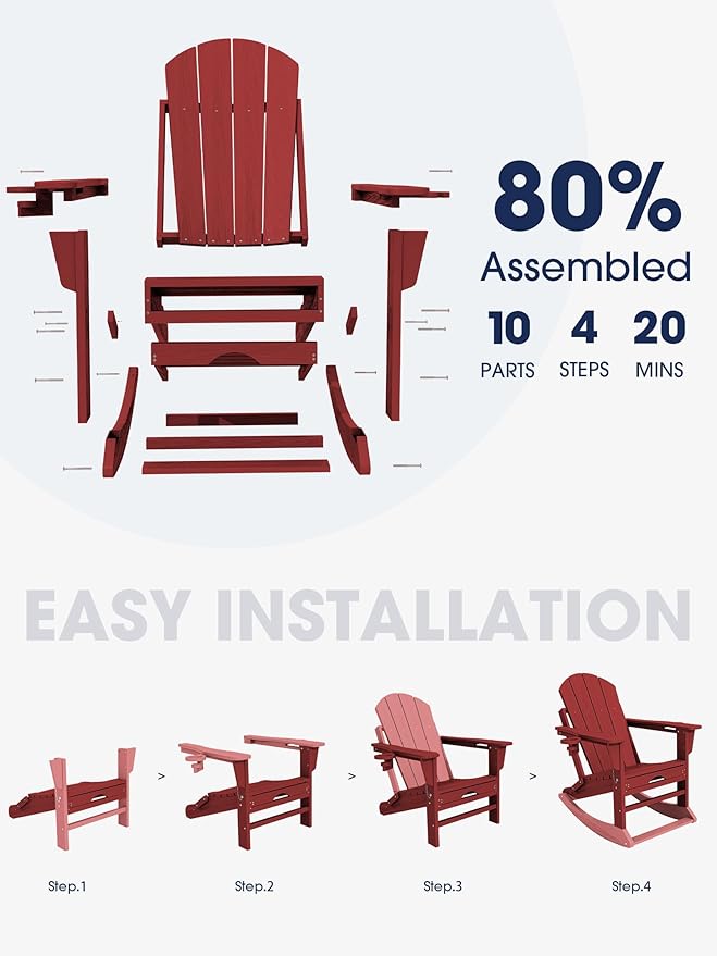 KINGYES Adirondack Rocking Chair Set of 4 with Retractable Ottoman and Cup Holders, HDPE Adirondack Rocker Patio Rocking Chair for Porch, Patio, Balcony, Burgundy Red