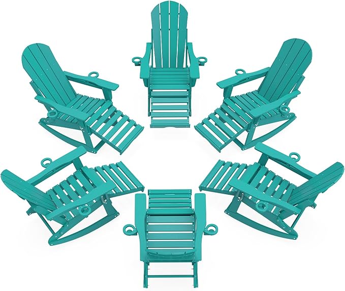 Adirondack Rocking Chairs Set of 6 with Retractable Ottoman, All Weather Folding Adirondack Chair with Two Cup Holders, Adirondack Outdoor Rocking Chairs for Porch, Patio, Balcony. Lake Blue