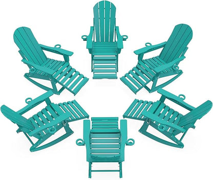 Adirondack Rocking Chairs Set of 6 with Retractable Ottoman, All Weather Folding Adirondack Chair with Two Cup Holders, Adirondack Outdoor Rocking Chairs for Porch, Patio, Balcony. Lake Blue