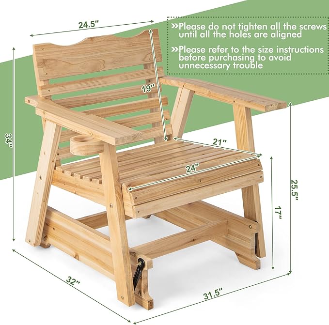Tangkula Outdoor Fir Wood Glider Chair, Outdoor Swing Chair with Rotatable Hidden Cup Holder and Curved Seat - Photo 3