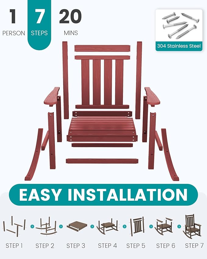 SERWALL Oversized Outdoor Rocking Chair Set of 2, HDPE Rocker for Adults, Patio Rocking Chairs for Porch, Crimson Red