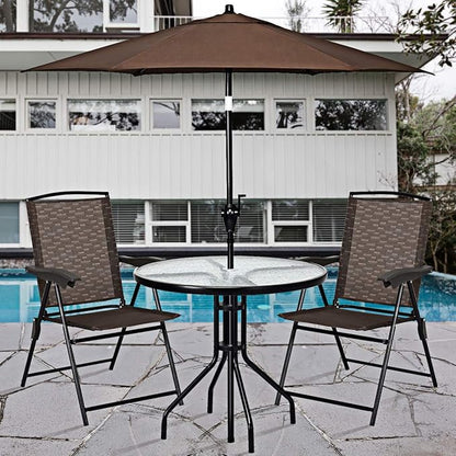 ARLIME Set of 4 Patio Folding Chairs, Height Adjustable Sling Backrest Chairs with Armrest, Weather-Resistant Chairs Portable for Outdoor Indoor Garden Pool Beach, Deck Lounge Chairs, Brown