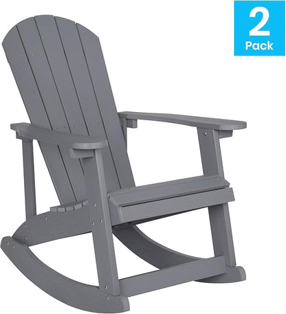 EMMA + OLIVER Marcy All Weather Rocking Chair - Set of 2 - Gray Poly Resin - Classic Adirondack Design - UV Resistant Coating - Stainless Steel Hardware
