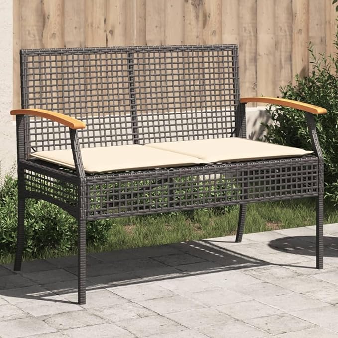 2-Seat Outdoor Garden Bench in Black-Brown Poly-Rattan, 42.5 x 22.4 x 33.5 in, Powder-Coated Steel Frame with Weather-Resistant Cushions for Patio, Porch, Balcony