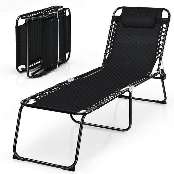 Goplus Chaise Lounge Chair, Folding 5-Postion Beach Lounge Chair with Detachable Pillow, Sunbathing Lounger, Adjustable Tanning Chair for Patio Lawn Pool Yard Outdoor