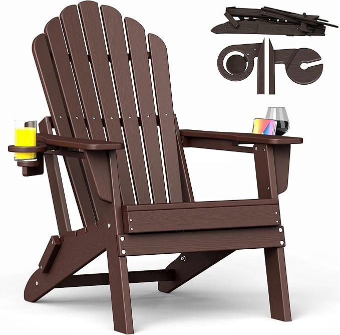 Oversized Adirondack Chair with Dual Cup Holders, Ergonomic High Back HDPE Fire Pit Chair, 380lbs Capacity All-Weather Outdoor Patio Lounge Chair for Garden, Deck, Yard - Coffee