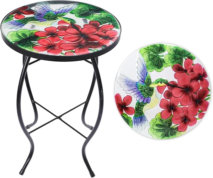 VCUTEKA Patio Side Table Outdoor Accent Table Small Mosaic Tables Coffee End Porch Tables Indoor Outdoor Round Glass Balcony Bistro Plant Stand Hummingbird Poppy 14 inches