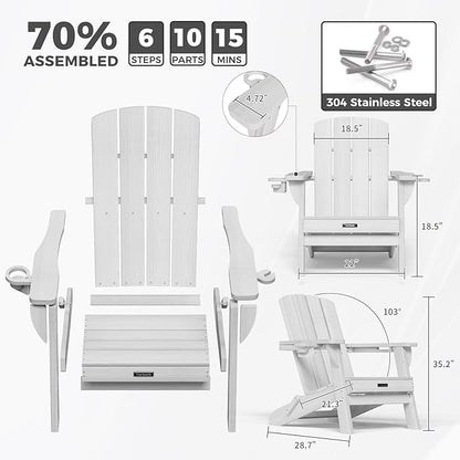 Folding Adirondack Chair Wood Texture 4 Pack, HDPE All-Weather Fire Pit Chairs, Plastic Adirondack Chairs with 2 Cup Holder, Outdoor Lawn Chair for Patio Garden (White)