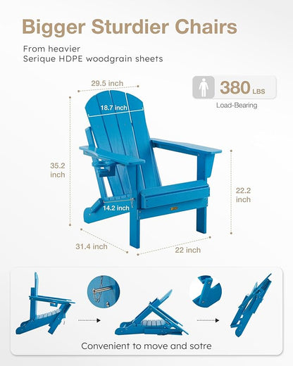 Folding Adirondack Chair, Patio Chair Weather Resistant, Outdoor Chair Wood Texture, Lawn Chair with Cup Holder, Fire Pit Chair for Deck,Outdoor,Porch,Backyard,Garden (Pacific Blue)