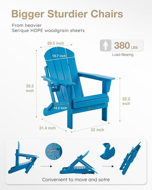 Folding Adirondack Chair, Patio Chair Weather Resistant, Outdoor Chair Wood Texture, Lawn Chair with Cup Holder, Fire Pit Chair for Deck,Outdoor,Porch,Backyard,Garden (Pacific Blue)