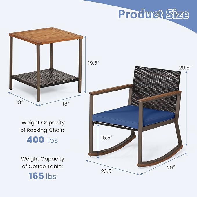 HAPPYGRILL 3 Pieces Rocking Bistro Set, Outdoor PE Wicker Rocking Chair with Coffee Table, Soft Seat Cushions Included - Photo 8