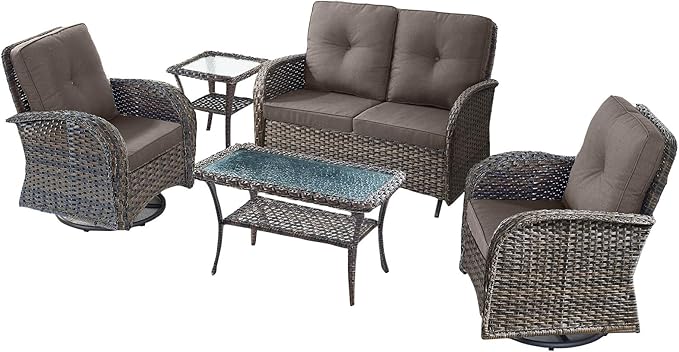 5 Pieces Patio Furniture Set-Outdoor Rocking Chairs Set of 2 Outdoor Glider Bench with Wicker Outdoor Coffee Table for - Photo 3