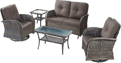 5 Pieces Patio Furniture Set-Outdoor Rocking Chairs Set of 2 Outdoor Glider Bench with Wicker Outdoor Coffee Table for Deck Lawn Porch Balcony Poolside-Brown/Grey