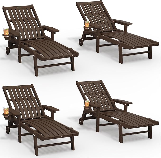 THOEOE Patio Chaise Lounge Chair Set of 4, Oversized Lounge Chair Outdoor with 5 Positions, HDPE, Patio Lounge Chair with Wheels & Cup Holder for Pool, Deck, Poolside,Brown