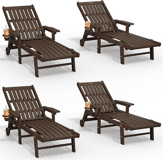 THOEOE Patio Chaise Lounge Chair Set of 4, Oversized Lounge Chair Outdoor with 5 Positions, HDPE, Patio Lounge Chair with Wheels & Cup Holder for Pool, Deck, Poolside,Brown