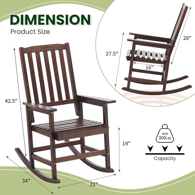 Wooden Outdoor Rocking Chairs, Porch Rocker for Patio,Deck,Garden, Indoor Outdoor Use, Suitable for Kids, Acacia Wood, Dark Brown