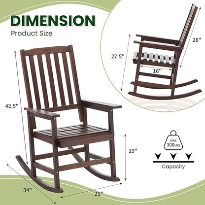 Wooden Outdoor Rocking Chairs, Porch Rocker for Patio,Deck,Garden, Indoor Outdoor Use, Suitable for Kids, Acacia Wood, Dark Brown
