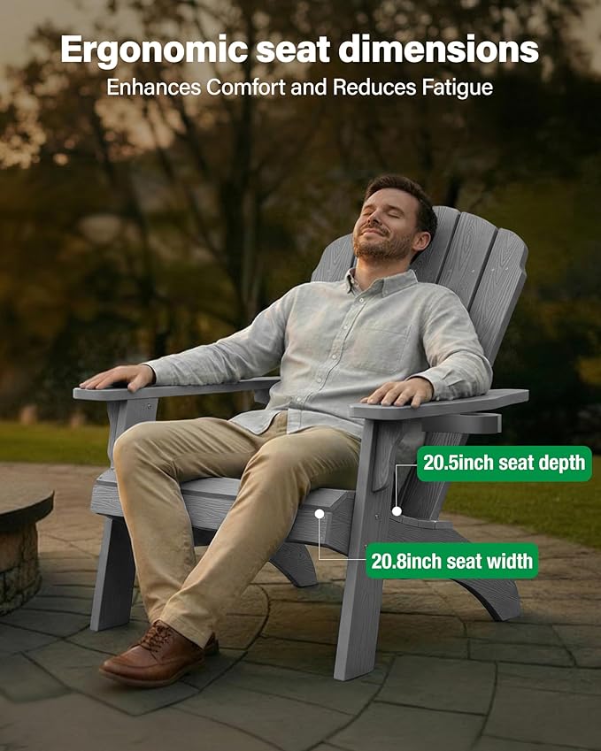 Oversized Plastic Adirondack Chair Set of 2 with Cup-Holder (Large Dual-Purpose), Weather Resistant, Poly Lumber Outdoor Chairs Duty Rating Widely Used in Patio, Lawn, Outside, Deck, Garden Chair-Grey