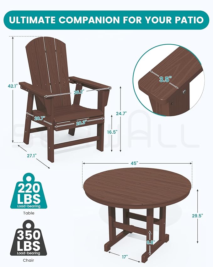 SERWALL Outdoor Adirondack Dining Chair Set of 2, All Weather HDPE Patio Chairs, Coffee