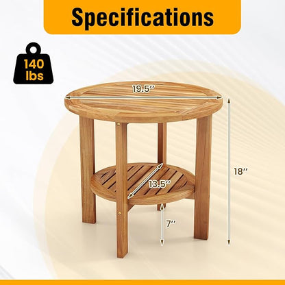 Giantex 19.5" Outdoor Round Side Table, 2-Tier Patio Table with Slatted Tabletop & Open Storage Shelf, Easy Assembly, Teak Wood Small End Table for Porch, Backyard, Garden, Deck, Pool, Natural