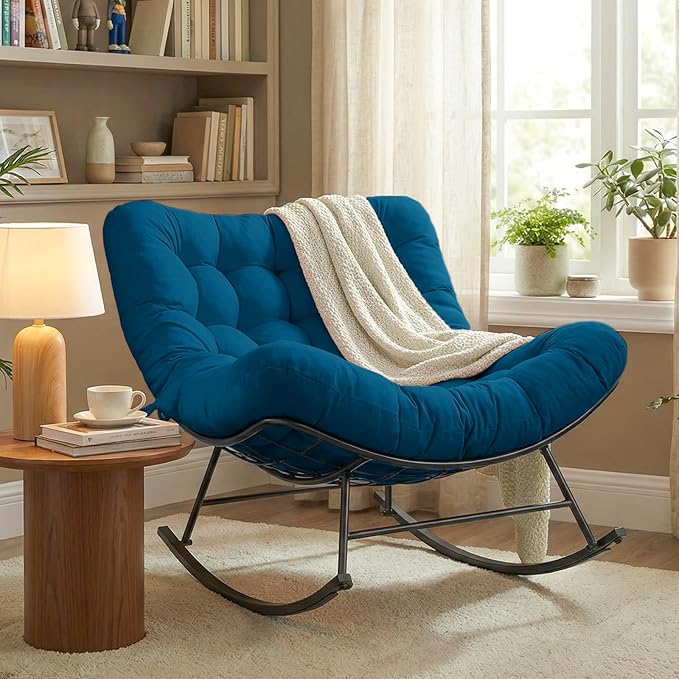 Cushioned Papasan Rocking Chair for Outdoor Indoor, Oversized Outdoor Rocking Chair with Cushion, Egg Rocker for Patio, Porch, Balcony, Lawn, Bedroom, Living Room, Navy Blue