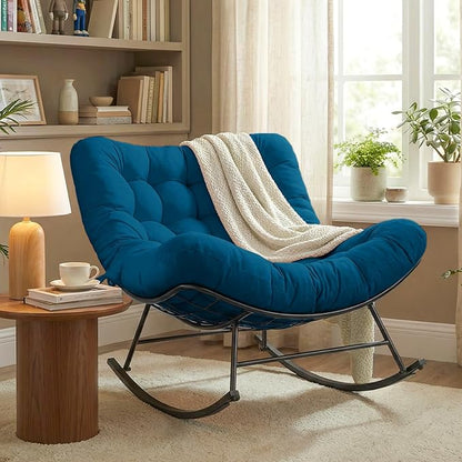 Cushioned Papasan Rocking Chair for Outdoor Indoor, Oversized Outdoor Rocking Chair with Cushion, Egg Rocker for Patio, Porch, Balcony, Lawn, Bedroom, Living Room, Navy Blue