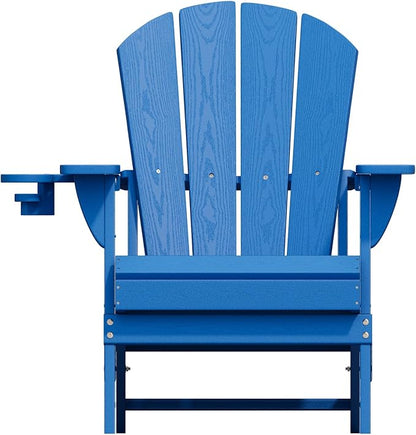 Folding Adirondack Chair with Cup Holders, HDPE Plastic Outdoor Chairs, Weather Resistant, Real Wood Look for Patio, Deck, Fire Pit, Backyard, Blue