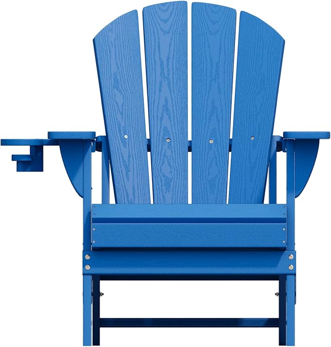 Folding Adirondack Chair with Cup Holders Set of 2, HDPE Plastic Outdoor Chairs, Weather Resistant, Real Wood Look for Patio, Deck, Fire Pit, Backyard, Blue