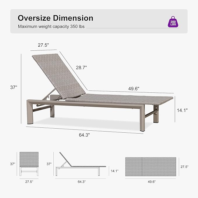 PURPLE LEAF Patio Oversized Chaise Lounge Rattan Chair Set of 2 Outdoor Pool Adjustable Recliner Wicker Chairs for Outside Woven Furniture Tanning Poolside Lounger Slate Gray