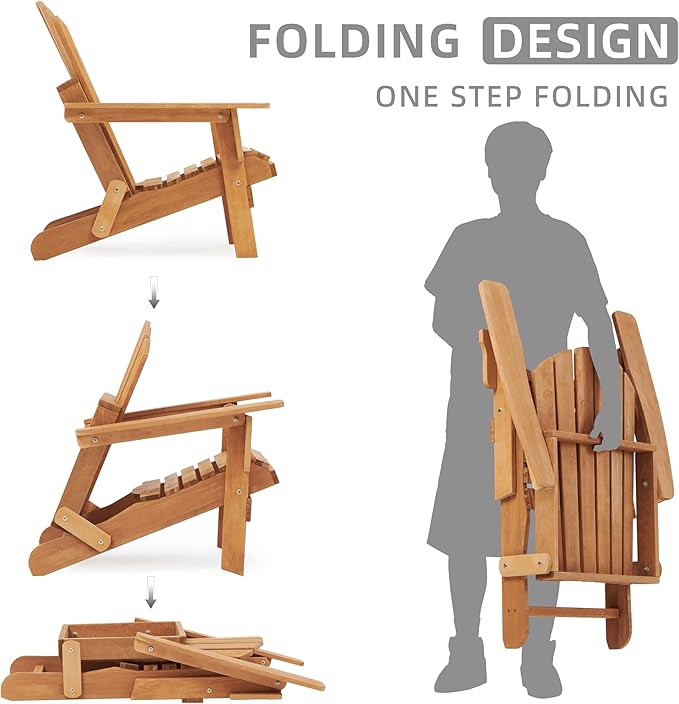 Oversize Wooden Outdoor Folding Adirondack Chair with Pre-Assembled BackRest & SeatBoard, Wood Patio Chair for Garden Backyard Porch Pool Deck Firepit