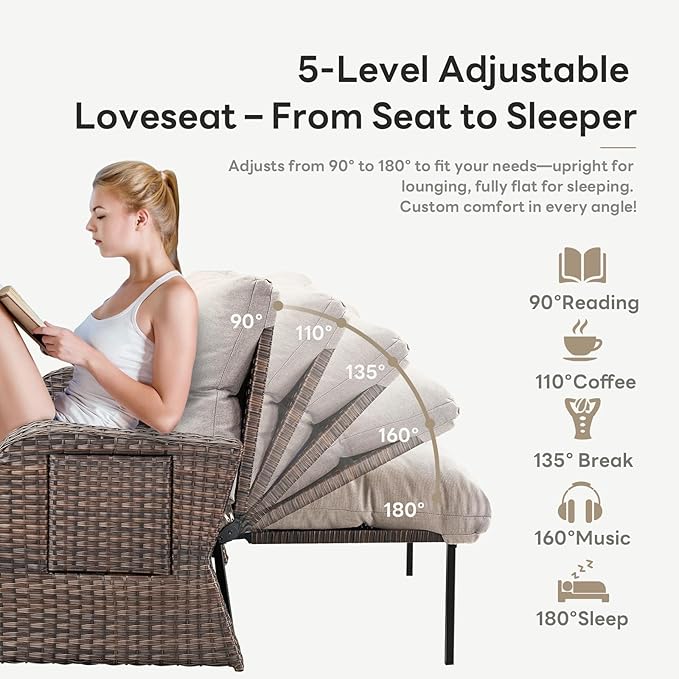 Belord Patio Furniture Set - 6-Piece Wicker Loveseat Outdoor Daybed Furniture Set with Recliner Lounge Chairs Set of 2 - Photo 3