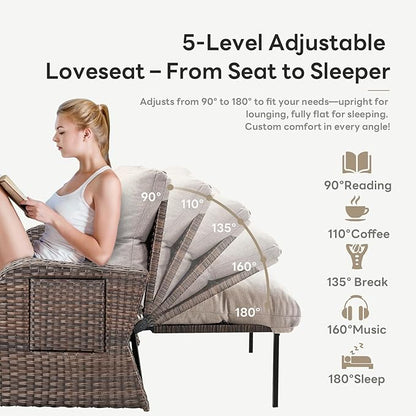 Belord Patio Furniture Set - 6-Piece Wicker Loveseat Outdoor Daybed Furniture Set with Recliner Lounge Chairs Set of 2 and Side Table, All-Weather Outdoor Patio Conversation Set for Deck Pool Backyard