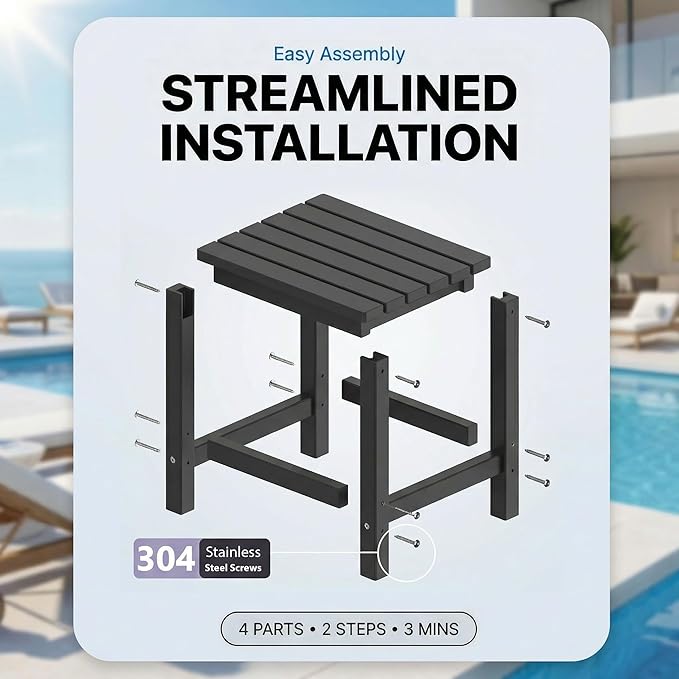 PASAMIC Adirondack Square Outdoor Side Table, HDPE Small Outdoor Table, Patio End Table for Patio, Pool, Backyard, Weather-Resistant, Easy Maintenance (Black)