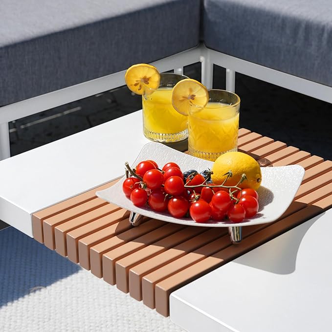 Sundale Outdoor Modern Metal Outdoor Coffee Table with Slatted Wood-Look Tabletop Design - Photo 6
