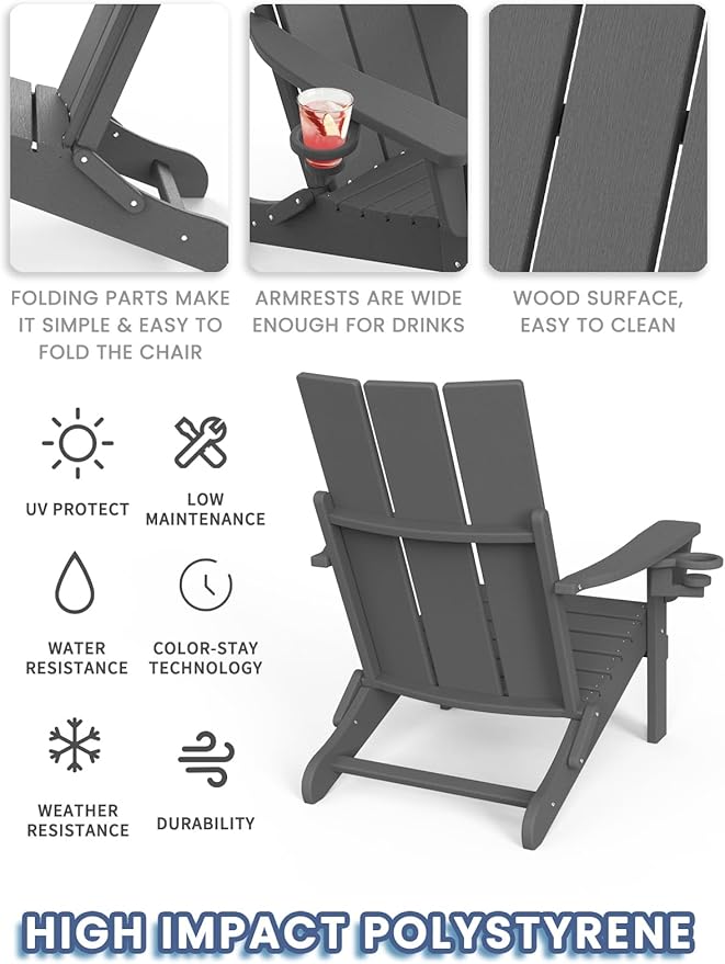 Adirondack Chair with Cup Holder Set of 2, Folding Outdoor Lawn Chair, HDPE Plastic Fire Pit Chair, Weather Resistant Patio Chairs for Deck, Porch, Backyard, Garden, Slate Gray